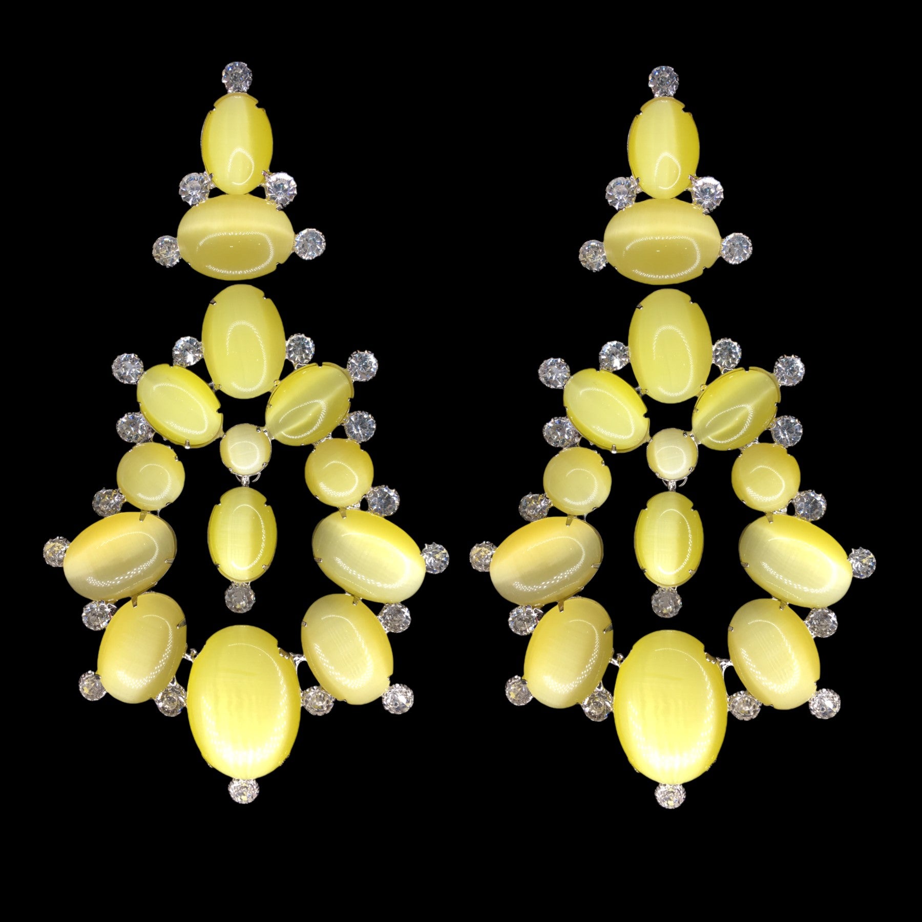 Earrings Large Clear and Yellow Crystals with Cabochons