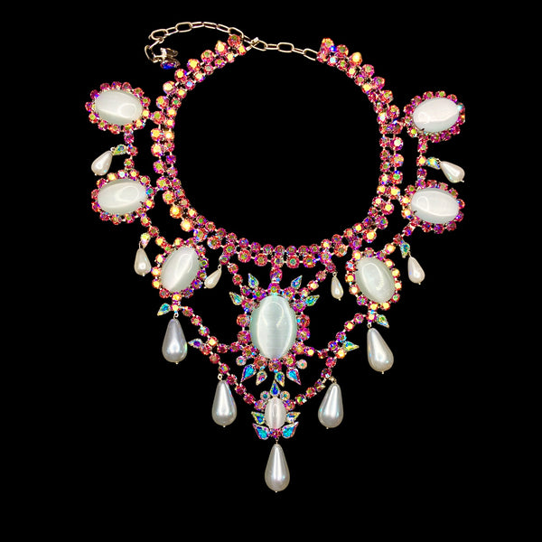 Necklace Large Regal Oval Pink and AB Crystals with Dangling Pearls