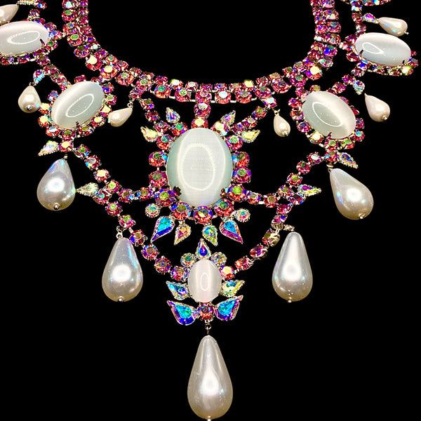 Necklace Large Regal Oval Pink and AB Crystals with Dangling Pearls