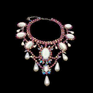 Necklace Large Regal Oval Pink and AB Crystals with Dangling Pearls