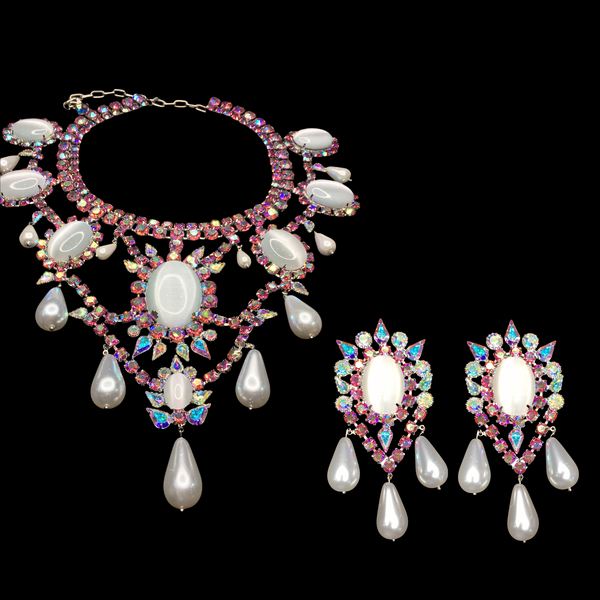Earrings Large Regal Oval Pink and AB Crystals with Dangling Pearls